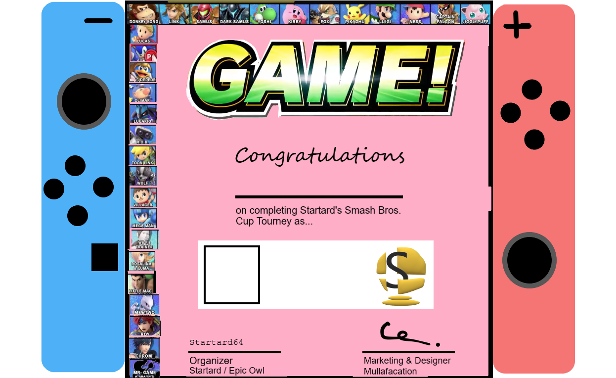 Nintendo Switch shaped Certificate saying GAME! Congratulations 